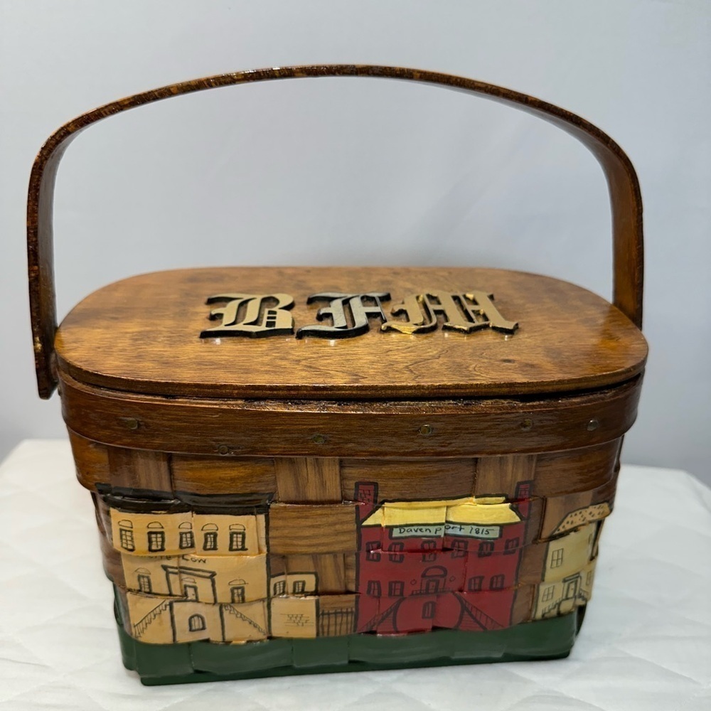 Vintage 1970s Georgia Woven Weave Wooden Basket Hand Painted  With Mirror Retro